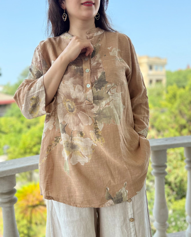 شومیز لینن ایتالیایی زنانه برند فالریا طرح ارکیده/ اورجینال