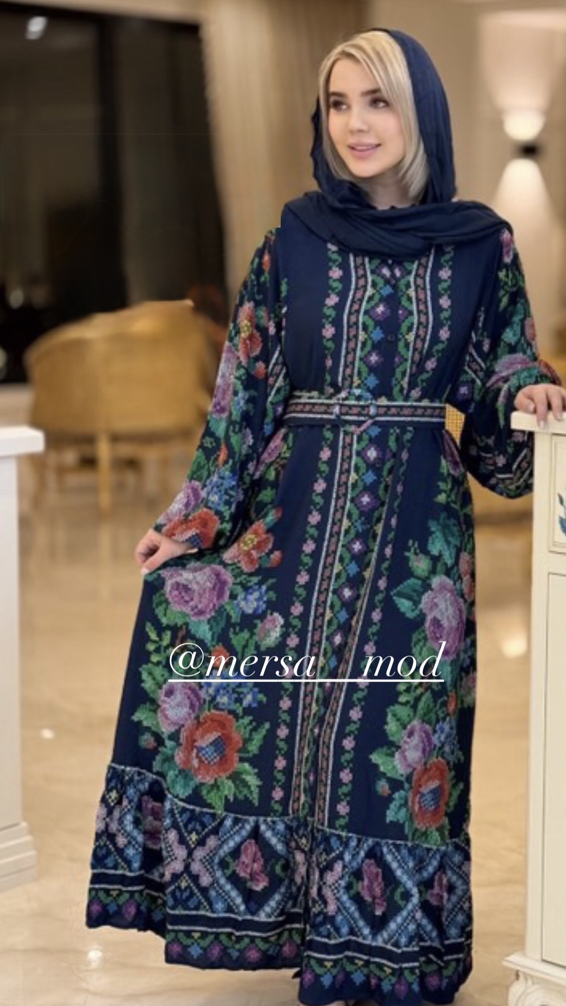 پیراهن شماره دوزی زنانه ترک برند آشیلدا جنس نخی رنگ سرمه ای