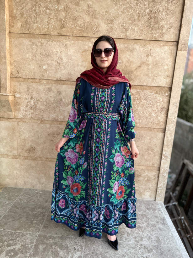 پیراهن شماره دوزی زنانه ترک برند آشیلدا جنس نخی رنگ سرمه ای