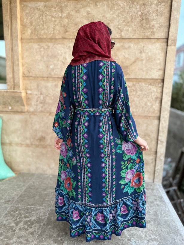 پیراهن شماره دوزی زنانه ترک برند آشیلدا جنس نخی رنگ سرمه ای