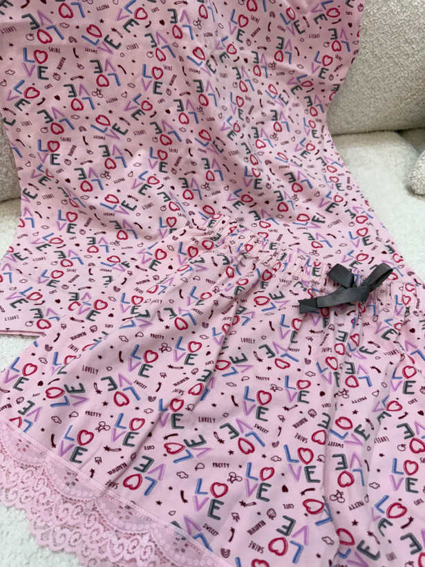 ست تاپ و شورتک زنانه ترک برند هنکس (HNX) جنس سوپرپنبه طرح LOVE صورتی