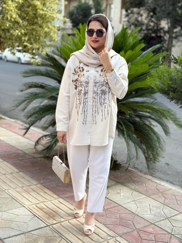شومیز مجلسی لینن برند اورفئو رنگ کرم