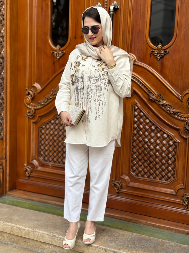 شومیز مجلسی لینن برند اورفئو رنگ کرم