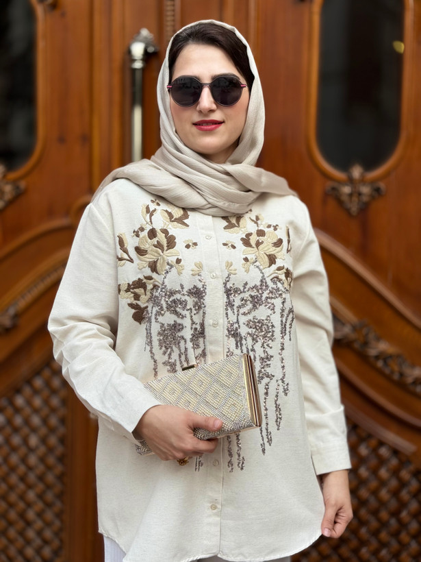 شومیز مجلسی لینن برند اورفئو رنگ کرم