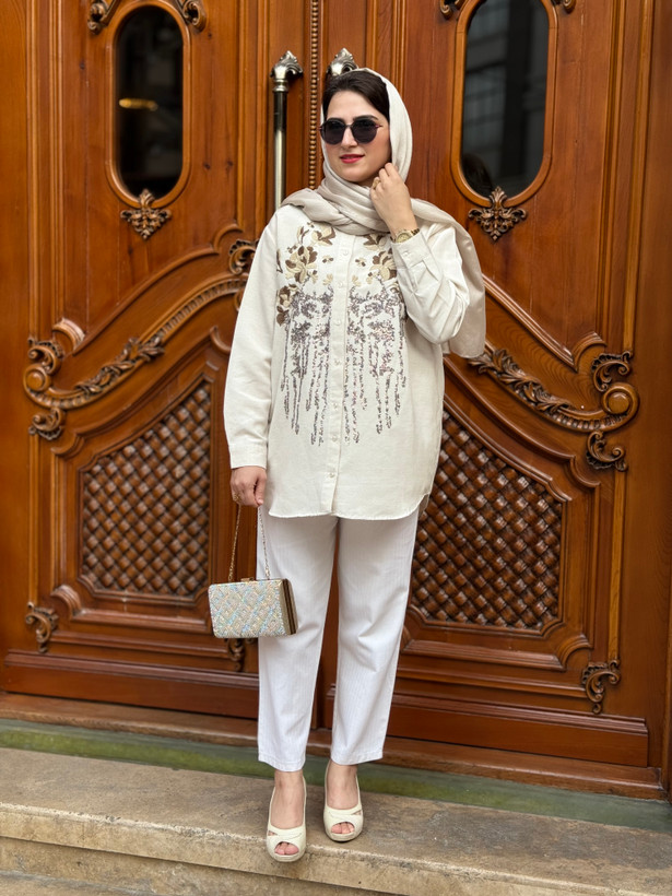 شومیز مجلسی لینن برند اورفئو رنگ کرم